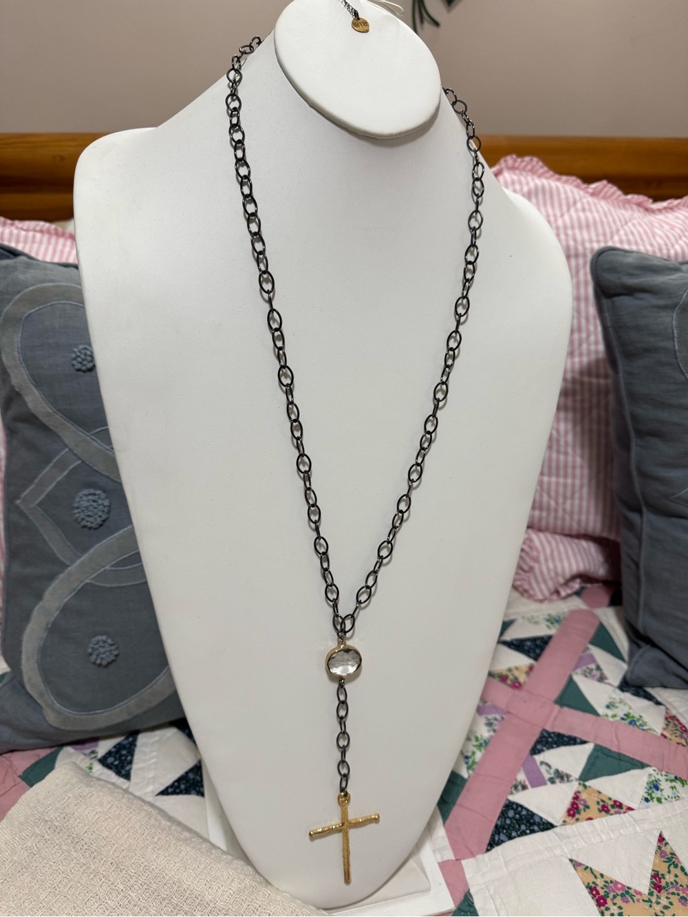Luka n Lee Long Black Chain Necklace Gold Cross and Clear Crystal Accent NWOT
